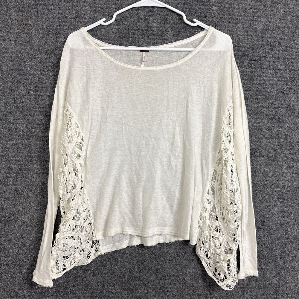 Free People Love Me Do Top Blouse Womens Size S White Linen Blend Crochet side